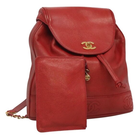 CHANEL Grained Calf Skin Backpack Grained Calf Skin Red Gold CC Auth - Picture 1 of 15